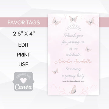 pastel pink butterfly quinceanera thank you tags